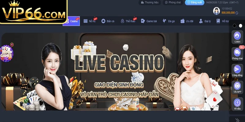 Sảnh casino Vip66 cung cấp không gian cá cược đạt chuẩn quốc tế